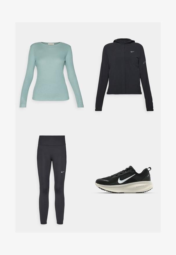 Must musta kapuutsiga jakk, millel on pikad varrukad ja mis on valmistatud kergetest materjalidest. Omab esitaskut, Nike logo ja kergelt silmatorkavaid disainiaktsente.; Yogasearcher MAUNA - Pikkade varrukatega topp - light green; Mustad mustadest leggingid, mis on valmistatud venivast kangast, kõrge vöökoha ja valge Nike logo abil vasakul reiel. Sile tekstuur, keha järgiv disain.; Musthave mustus Nike jooksujalats, millel on hingav võrgust ülemine osa, valge swoosh logo, tekstuuriga detailid ja kreemja värvusega ZoomX vahevöö.