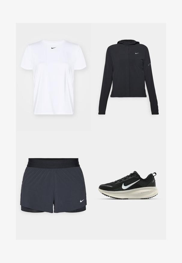Jachetă neagră cu glugă, cu mâneci lungi, fabricată din material ușor. Dispune de un fermoar frontal, un logo Nike și accente de design subtile.; Tricou sportiv alb din material neted, cu guler rotund și mâneci scurte. Mic logo negru Nike în centrul pieptului.; Shorts atletici negri, cu un elastic la talie, având un design stratificat și un mic logo alb Nike în partea stângă jos. Material ușor.; Pantofii de alergare negri de la Nike, cu parte superioară din plasă respirabilă, logo-ul alb Swoosh, detalii texturate și o talpă intermediară ZoomX de culoare crem.