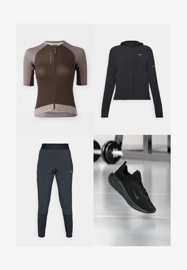 Black hooded jacket with long sleeves, made from lightweight material. Features a front zipper, a Nike logo, and subtle design accents.; Short-sleeve cycling jersey in brown, with gray accents. Features textured fabric, front zipper, and pink logo detail at the center.; Nike athletic pants in dark gray, featuring a tapered leg design, elastic waistband, and accent details near the cuffs.; Black sports sneaker with Nike logo, shown mid-air on gym floor, with blurred dumbbell rack in background.