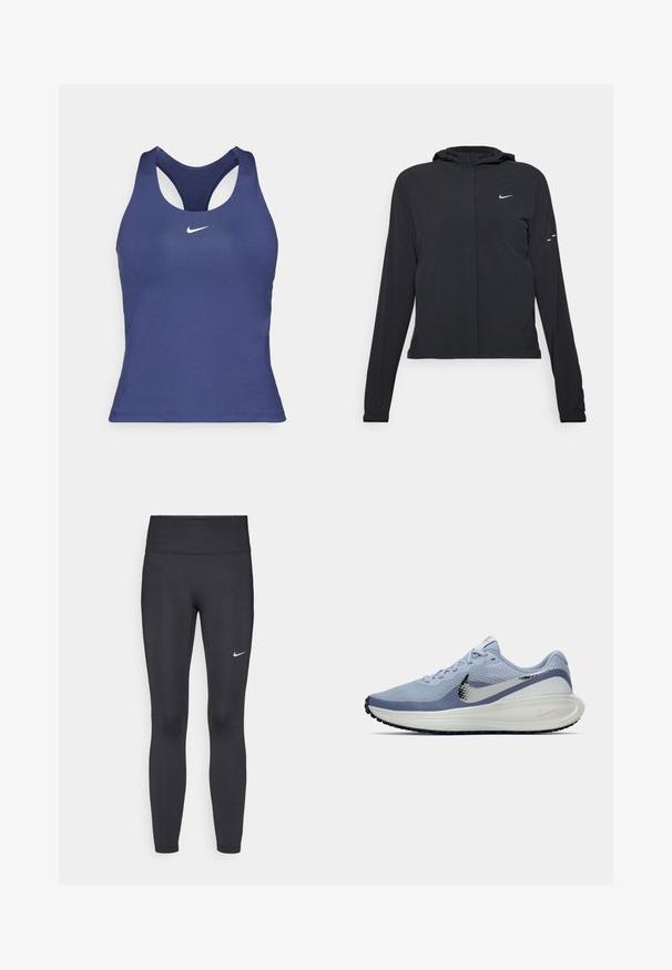 Casaco preto com capuz e mangas longas, feito de material leve. Apresenta um fecho dourado na frente, um logótipo da Nike e detalhes de design subtis.; Top desportivo azul marinho com design de costas nadador, feito de tecido liso, apresentando um pequeno logótipo branco da Nike no peito.; Leggings pretos feitos de tecido elástico, com uma cintura alta e um logo branco da Nike na coxa esquerda. Textura suave, design ajustado ao corpo.; Sapatilha de corrida Nike azul claro e branca com o swoosh prateado, parte superior de malha respirável, sola acolchoada e sola preta.
