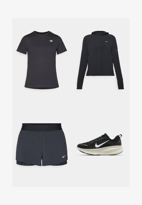 Must musta kapuutsiga jakk, millel on pikad varrukad ja mis on valmistatud kergetest materjalidest. Omab esitaskut, Nike logo ja kergelt silmatorkavaid disainiaktsente.; Must beebi särk, millel on lühikesed varrukad ja pehme kangas, ülaosas vasakul rinnal on väike hall New Balance'i logo, klassikaline ümar kaelus.; Mustad must sportlikud lühikesed püksid, millel on elastne vöökoht, kihiline disain ja väike valge Nike logo vasakul all. Kerge materjal.; Musthave mustus Nike jooksujalats, millel on hingav võrgust ülemine osa, valge swoosh logo, tekstuuriga detailid ja kreemja värvusega ZoomX vahevöö.