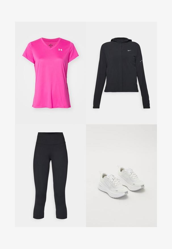 Chaqueta negra con capucha y mangas largas, hecha de un material ligero. Presenta un cierre frontal, un logo de Nike y acentos de diseño sutiles.; Camiseta rosa de manga corta con escote en V, hecha de una tela suave y ligera. Presenta un pequeño logotipo blanco en el lado izquierdo del pecho.; Leggings negros cortos hechos de tela elástica, con una cintura alta y una textura suave, sin patrones o herrajes visibles.; Zapatillas deportivas blancas con parte superior de malla texturizada, suela acolchada y sutiles acentos grises. Incluye un logotipo y una pestaña en el talón para facilitar su uso.