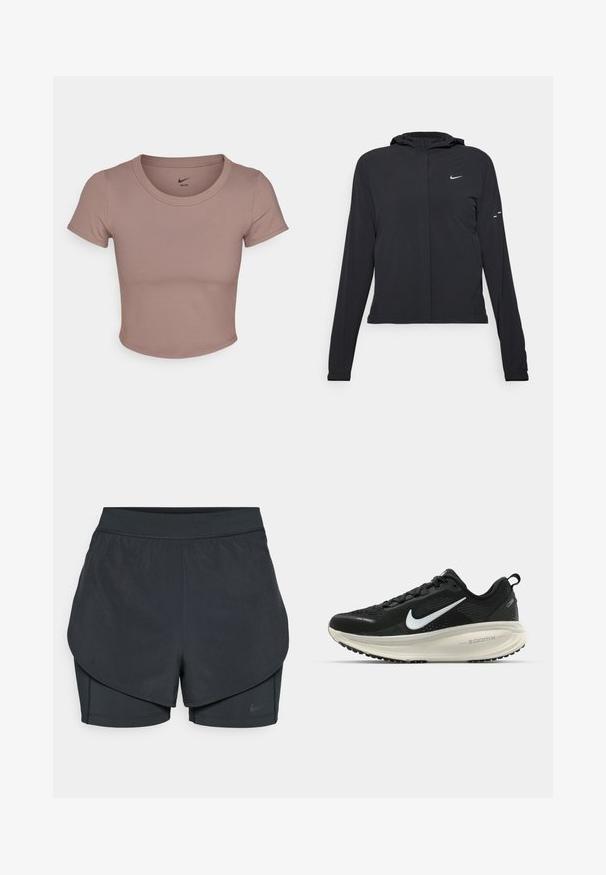Jachetă neagră cu glugă, cu mâneci lungi, fabricată din material ușor. Dispune de un fermoar frontal, un logo Nike și accente de design subtile.; Tricou scurt maro, confecționat dintr-un material neted, cu decolteu rotund și mâneci scurte. Logo-ul Nike imprimat pe interiorul gulerului.; Șorturi sportive negre cu un design stratificat, având o strat exterior neted și șorturi interioare ajustate. Fabricate dintr-un material ușor și elastic.; Pantofii de alergare negri de la Nike, cu parte superioară din plasă respirabilă, logo-ul alb Swoosh, detalii texturate și o talpă intermediară ZoomX de culoare crem.