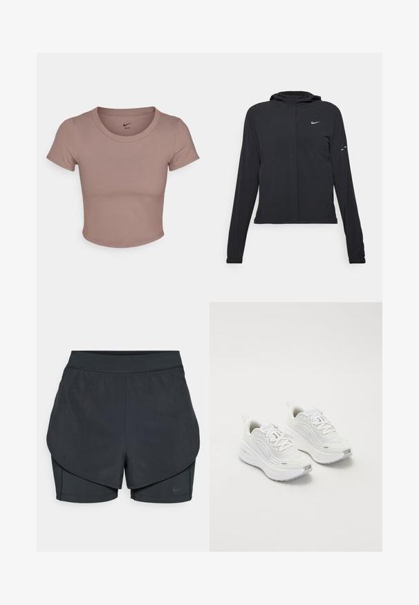 Jachetă neagră cu glugă, cu mâneci lungi, fabricată din material ușor. Dispune de un fermoar frontal, un logo Nike și accente de design subtile.; Tricou scurt maro, confecționat dintr-un material neted, cu decolteu rotund și mâneci scurte. Logo-ul Nike imprimat pe interiorul gulerului.; Șorturi sportive negre cu un design stratificat, având o strat exterior neted și șorturi interioare ajustate. Fabricate dintr-un material ușor și elastic.; Pantofi sport albi cu un superior din plasă texturată, talpă amortizată și accente subtile de gri. Include branding și un buclă la călcâi pentru a fi ușor de încălțat.