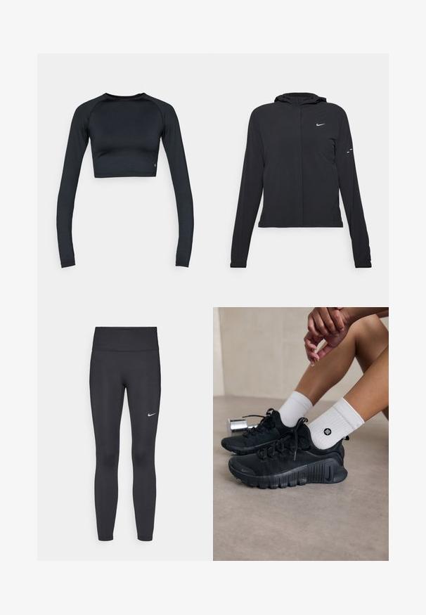 Schwarze Kapuzenjacke mit langen Ärmeln, aus leichtem Material gefertigt. Sie hat einen vorderen Reißverschluss, ein Nike-Logo und dezente Designelemente.; Schwarzes Crop-Top mit langen Ärmeln aus glattem, elastischem Stoff. Verfügt über einen runden Ausschnitt und ein figurbetontes Design mit dezenten Details am Saum.; Schwarze Leggings aus elastischem Stoff, mit einem hohen Bund und einem weißen Nike-Logo auf dem linken Oberschenkel. Glatte Textur, figurbetontes Design.; Schwarze Sportschuhe aus strukturiertem Stoff, mit Schnürdesign und auffälliger Sohle, kombiniert mit weißen gerippten Socken, die ein kleines Logo tragen.