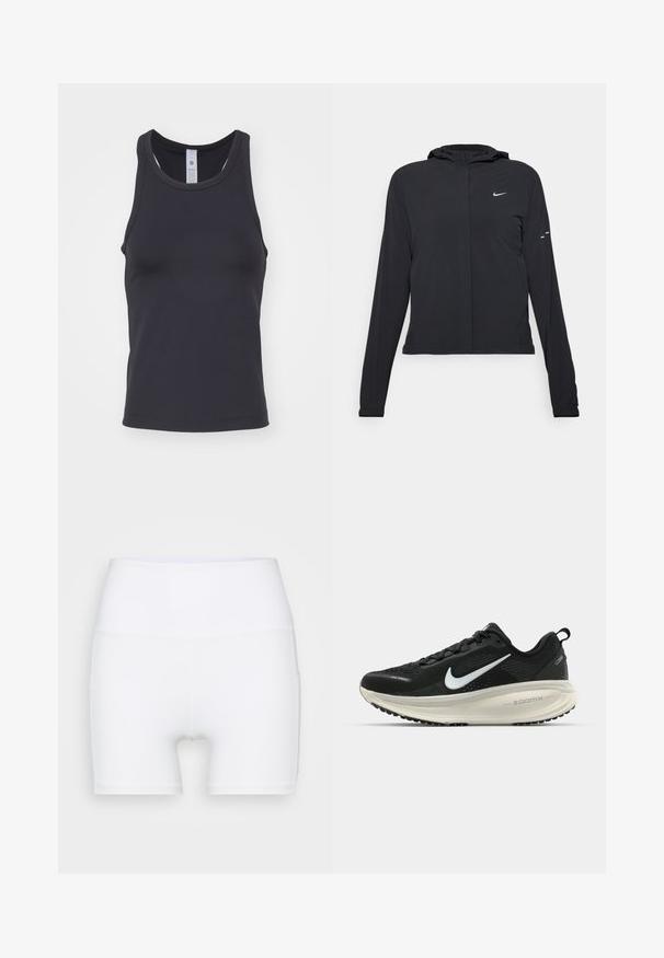 Giacca nera con cappuccio e maniche lunghe, realizzata in materiale leggero. Presenta una zip frontale, il logo Nike e accenti di design sottili.; Top nero senza maniche realizzato in tessuto morbido ed elasticizzato. Presenta un collo arrotondato e spalline larghe, progettato per una vestibilità aderente.; Pantaloni corti bianchi a vita alta realizzati in tessuto elasticizzato. Presentano una texture liscia e un design aderente, senza ulteriori motivi o accessori.; Scarpa da corsa nera Nike con tomaia in rete traspirante, logo Swoosh bianco, dettagli testurizzati e intersuola ZoomX di colore crema.