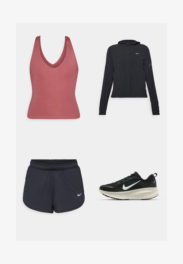 Svart hettegenser med lange ermer, laget av lett materiale. Har glidelås foran, Nike-logo og subtile design detaljer.; V-hals ermela topp i dempet rosa, laget av glatt stoff. Kroppsnær passform med en enkel, sømløs hem og uten ytterligere dekorasjoner.; Sorte atletiske shorts med elastisk midjebånd, med et sporty design og en hvit Nike-logo på nedre front. Teksturert stoff.; Svart Nike løpesko med pustende mesh-overdel, hvit swoosh-logo, teksturert detaljer og en kremfarget ZoomX mellomsåle.