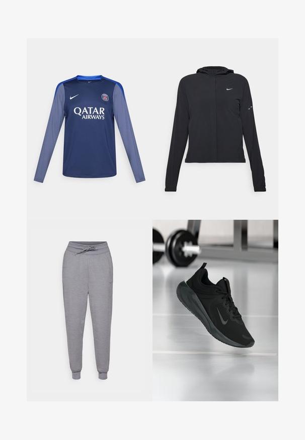 Must musta kapuutsiga jakk, millel on pikad varrukad ja mis on valmistatud kergetest materjalidest. Omab esitaskut, Nike logo ja kergelt silmatorkavaid disainiaktsente.; Tumesinine pika varrukaga särk siniste aktsentidega, Nike logo rinnal ja valged tähestikud 'QATAR AIRWAYS'. Sile kangas, sportlik lõige.; Hallid pingutamata dressipüksid, hallid, nööriga taljes, elastsete mansettidega ja vaevumärgatava Nike logoga vasakul reiel. Pehme, tekstuuriga kangas.; Mustad mustang spordijalatsid Nike logo'ga, õhus spordisaali põrandal, häguste hantlite riiulitega taustal.