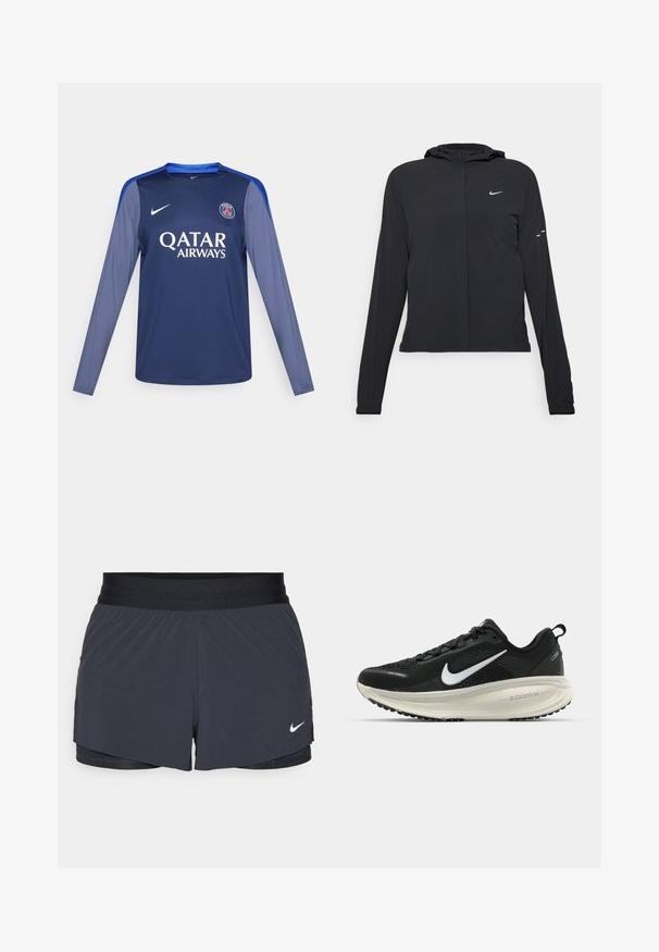 Giacca nera con cappuccio e maniche lunghe, realizzata in materiale leggero. Presenta una zip frontale, il logo Nike e accenti di design sottili.; Maglia a maniche lunghe di colore blu navy con dettagli blu, logo Nike sul petto e 'QATAR AIRWAYS' in lettere bianche. Tessuto liscio, vestibilità atletica.; Pantaloni sportivi neri con vita elastica, caratterizzati da un design a strati e un piccolo logo Nike bianco in basso a sinistra. Materiale leggero.; Scarpa da corsa nera Nike con tomaia in rete traspirante, logo Swoosh bianco, dettagli testurizzati e intersuola ZoomX di colore crema.