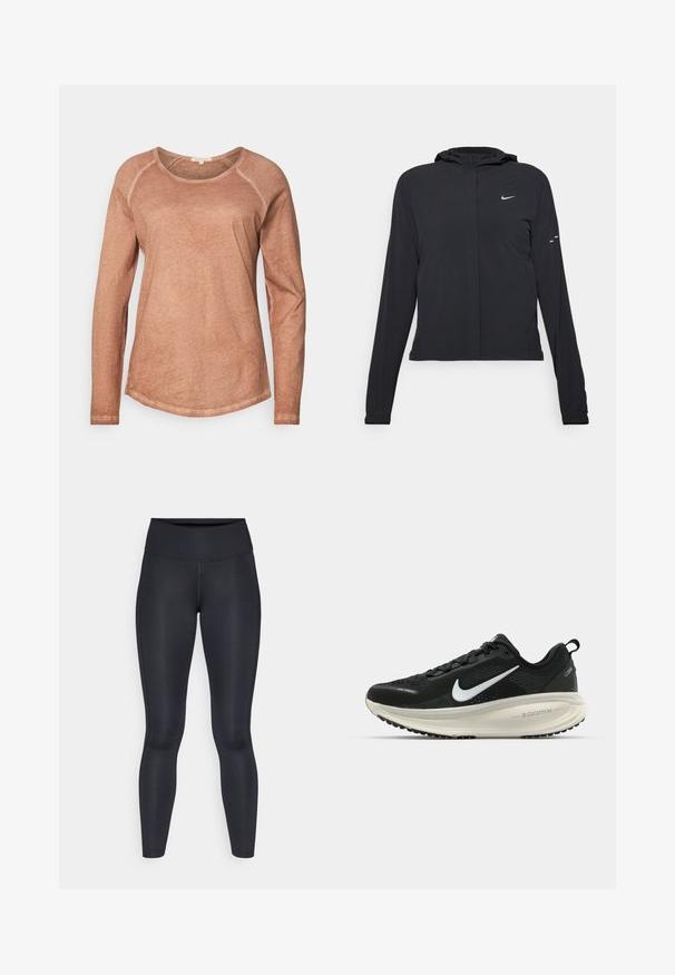 Mustassa hupparissa on pitkät hihat, ja se on valmistettu kevyestä materiaalista. Siinä on edessä vetoketju, Nike-logo ja hillityt muotoiluyksityiskohdat.; Pitkähihainen, pyöreäkaula-aukollinen paita pehmeästä persikansävyisestä kankaasta, jossa on hieman tekstuuri ja vaaleat saumat, jotka erottuvat. Huomaamaton kaareva helma.; Mustat legginsit, jotka on valmistettu sileästä ja joustavasta kankaasta. Korkea vyötärö ilman näkyviä kuvioita tai tehosteita. Istuu tiiviisti vyötäröstä nilkkoihin.; Mustat Nike-juoksukengät, joissa on hengittävä verkko-osa, valkoinen swoosh-logo, teksturoitu yksityiskohtaus ja kermaisen värinen ZoomX-välipohja.