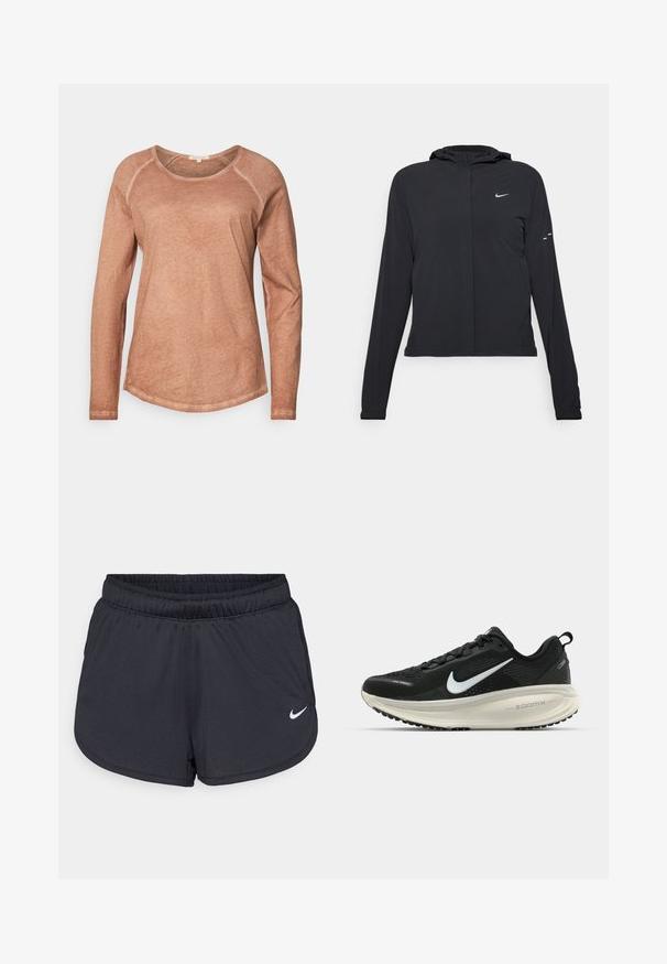 Must musta kapuutsiga jakk, millel on pikad varrukad ja mis on valmistatud kergetest materjalidest. Omab esitaskut, Nike logo ja kergelt silmatorkavaid disainiaktsente.; Pikend varrukatega, ümmarguse kaelusega tipp pehmest, virsikupruuni tooni kangast, millel on kergelt tekstureeritud pind ja kontrasteerivad heledad õmblused. Peenelt kaarduv lõhe.; Mustad mustikud mustad lühikesed püksid, mis on valmistatud kerge ja hingava kangaga. Omab elastset vööd ja valget Nike logo alumises paremas nurgas.; Musthave mustus Nike jooksujalats, millel on hingav võrgust ülemine osa, valge swoosh logo, tekstuuriga detailid ja kreemja värvusega ZoomX vahevöö.