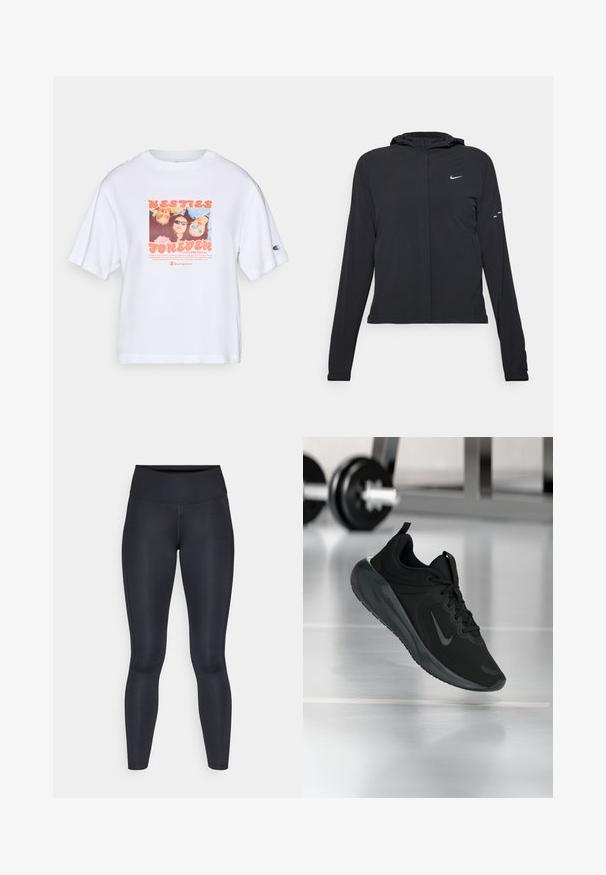 Svart hettegenser med lange ermer, laget av lett materiale. Har glidelås foran, Nike-logo og subtile design detaljer.; Hvit T-skjorte med korte ermer som har et fargerikt fotografisk motiv prydet med teksten "BESTIES FOREVER" og et Champion-logo på ermet.; Sorte leggings laget av glatt, elastisk materiale. Høy midje uten synlige mønstre eller detaljer. Sitter tett fra midjen til anklene.; Sorte treningssneakers med Nike-logo, vist midt i luften på gymgulvet, med uskarp manualstativ i bakgrunnen.