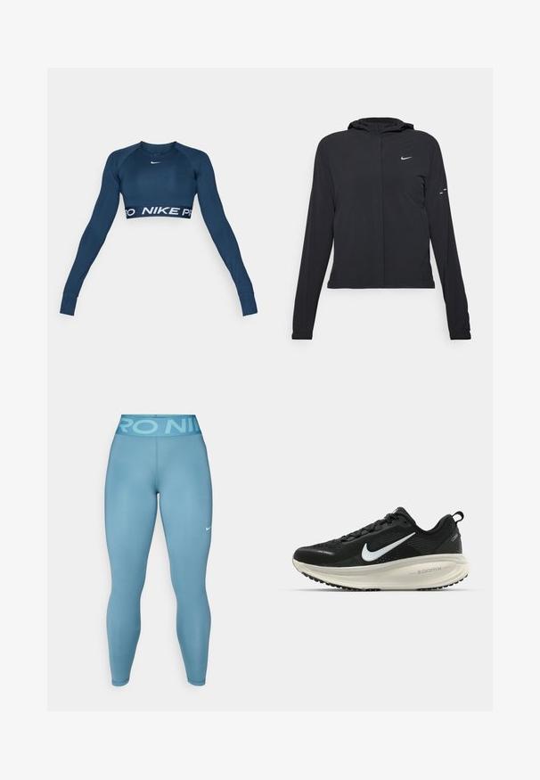 Crna jakna s kapuljačom i dugim rukavima, izrađena od laganog materijala. Ima prednji patentni zatvarač, Nike logo i suptilne dizajnerske detalje.; Tamno plavi dugački sportski crop top s dugim rukavima izrađen od rastezljivog materijala, s bijelim Nike logotipom i širokom "NIKE PRO" trakom na dnu.; Svijetloplave atletske tajice s glatkom teksturom i visokim pojasom s natpisom "PRO NIKE". Uključuje mali bijeli Nike logo.; Crne Nike trkačke tenisice s prozračnom mrežastom gornjom konstrukcijom, bijelim swoosh logotipom, teksturiranim detaljima i kremastom ZoomX srednjom potplatnom jedinicom.