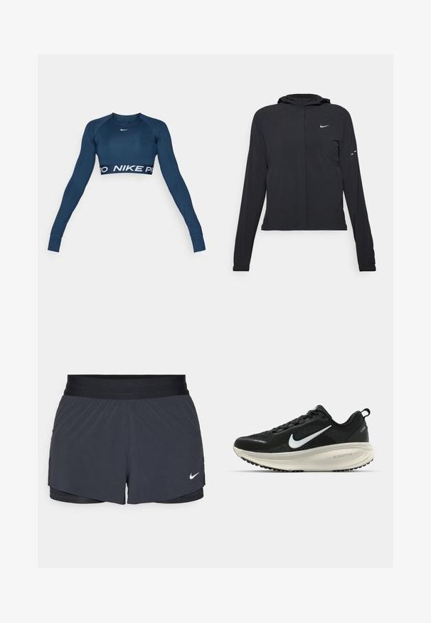 Crna jakna s kapuljačom i dugim rukavima, izrađena od laganog materijala. Ima prednji patentni zatvarač, Nike logo i suptilne dizajnerske detalje.; Tamno plavi dugački sportski crop top s dugim rukavima izrađen od rastezljivog materijala, s bijelim Nike logotipom i širokom "NIKE PRO" trakom na dnu.; Crne atletske kratke hlače s elastičnom stražnjicom, imaju slojeviti dizajn i mali bijeli Nike logo na donjoj lijevoj strani. Lagani materijal.; Crne Nike trkačke tenisice s prozračnom mrežastom gornjom konstrukcijom, bijelim swoosh logotipom, teksturiranim detaljima i kremastom ZoomX srednjom potplatnom jedinicom.