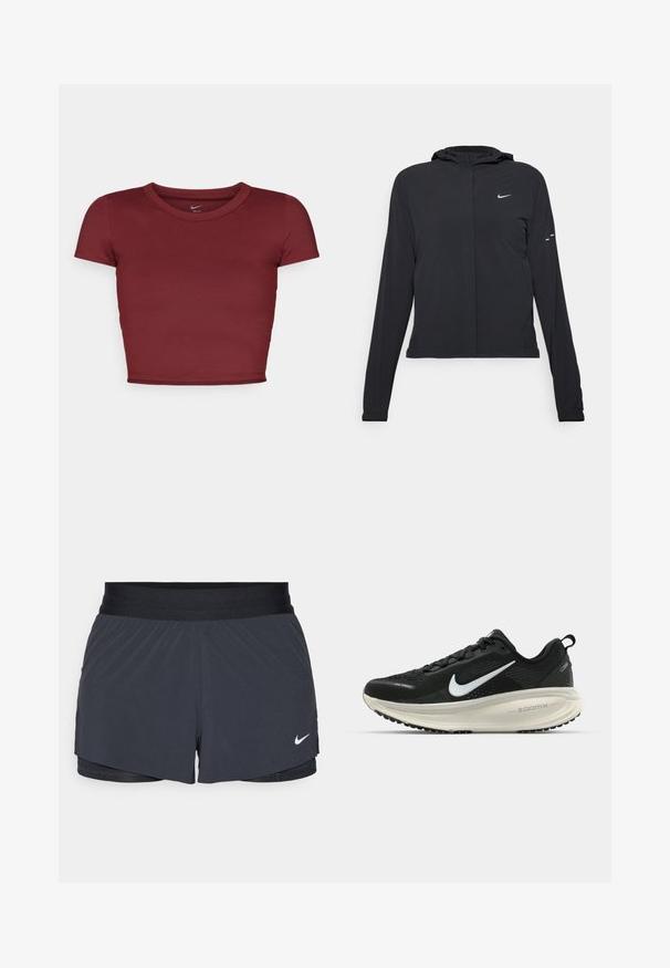 Melnā kapuci jaka ar garām piedurknēm, izgatavota no viegla materiāla. Tam ir priekšējais rāvējslēdzis, Nike logo un smalki dizaina akcenti.; Burgundijas krāsas, īsām piedurknēm, īsais tops, izgatavots no gludas auduma ar apaļu dekoltē. Minimalistiskais dizains, bez redzamām logo vai rakstiem.; Melnas sporta šortus ar elastīgu jostu, ar slāņotu dizainu un mazu balto Nike logo apakšējā kreisajā stūrī. Viegls materiāls.; Melnas Nike skriešanas kurpes ar elpojošu acs augšdaļu, baltu Swoosh logotipu, strukturētu apdari un krēmkrāsas ZoomX starpsole.