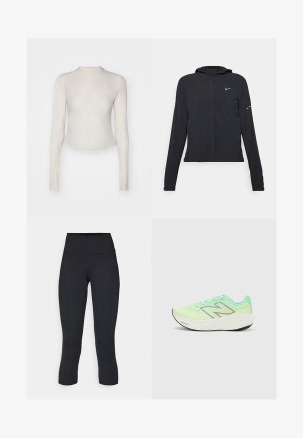 Juodas gobtuvas striukė su ilgomis rankovėmis, pagaminta iš lengvo audinio. Pasižymi priekiniais užtrauktukais, Nike logotipu ir subtiliais dizaino akcentais.; Šviesiai smėlio spalvos ilgarankovė palaidinė su aukštu apykakle, pagaminta iš minkštos tamprios medžiagos, turinti prigludusią siluetą ir apvalų apačią.; Juodos apkarpytos legginsai, pagaminti iš tamprios medžiagos, su aukšta juosmens linija ir glotnia tekstūra, be matomų raštų ar detalių.; Šviesiai žalia bėgimo batai su kvėpuojančiu tinklo viršumi, raištelių uždarymu ir paminkštintu baltu viduriu. Yra juodas guminis padas.