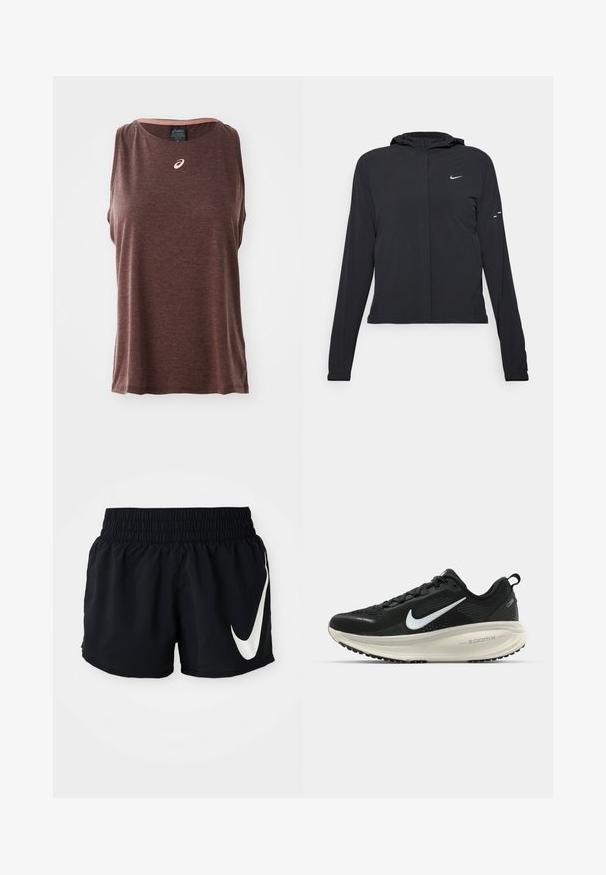 Zwarte kaptrui met lange mouwen, gemaakt van lichtgewicht materiaal. Voorzien van een ritssluiting aan de voorkant, een Nike-logo en subtiele ontwerpelementen.; Bruin mouwloos atletisch tanktop met een ronde halslijn, voorzien van een klein wit logo op de borst en een textiele, zachte stof.; Zwarte sportshorts met een elastische tailleband, voorzien van een groot wit Nike-logo op de voorkant en gemaakt van een soepele, lichte stof.; Zwarte Nike hardloopschoen met ademend mesh bovenwerk, witte swoosh-logo, gestructureerde details en een crèmekleurige ZoomX middenzool.