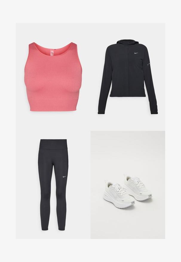 Czarna kurtka z kapturem, z długimi rękawami, wykonana z lekkiego materiału. Posiada zamek błyskawiczny z przodu, logo Nike oraz subtelne akcenty wzornicze.; Różowy prążkowany top na ramiączkach o dopasowanej konstrukcji, szerokich ramiączkach i okrągłym dekolcie. Gładka faktura i przylegający krój.; Czarne legginsy z elastycznego materiału, z wysokim pasem i białym logo Nike na lewym udzie. Gładka tekstura, dopasowany krój.; Białe buty sportowe z teksturowaną siateczką u góry, amortyzowana podeszwa i subtelne szare akcenty. Zawierają logo i pętlę z tyłu dla łatwego zakładania.