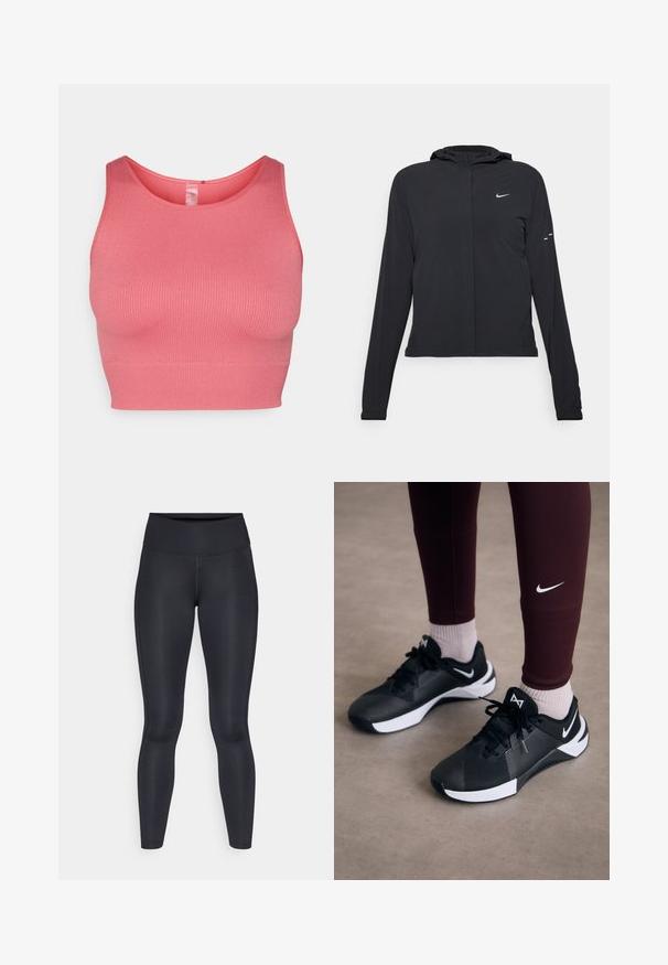 Chaqueta negra con capucha y mangas largas, hecha de un material ligero. Presenta un cierre frontal, un logo de Nike y acentos de diseño sutiles.; Top de tirantes rosa con diseño ajustado, tirantes anchos y cuello redondo. Textura suave y ajuste que se adapta al cuerpo.; Leggings negros hechos de una tela suave y elástica. Cintura alta sin patrones ni acentos visibles. Se ajustan estrechamente desde la cintura hasta los tobillos.; Zapatillas deportivas negras con un upper texturizado y acentos blancos, con cordones y un logo en el lateral. Llevadas con leggins color burdeos y calcetines claros.