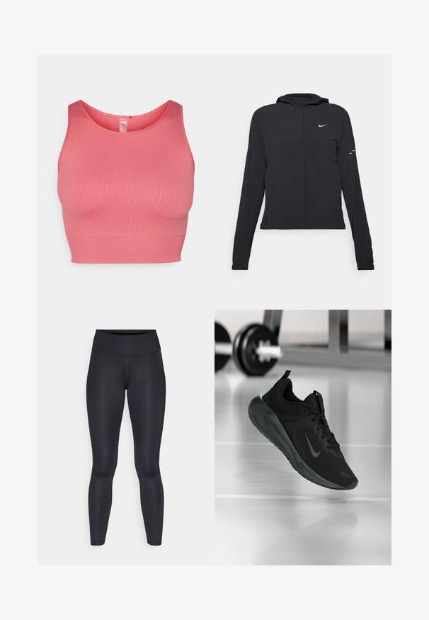 Svart huva jacka med långa ärmar, gjord av lätt material. Har en framdragare, en Nike-logotyp och subtila designelement.; Rosa ribbad ärmlös topp med en åtsittande design, breda axelremmar och rund halsringning. Slät textur och kroppsnära passform.; Svarta leggings gjorda av ett smidigt, elastiskt tyg. Hög midja utan synliga mönster eller detaljer. Sitter tätt från midjan till anklarna.; Svarta sportskor med Nike-logotyp, visade mitt i luften på gymgolvet, med en suddig hantelställning i bakgrunden.
