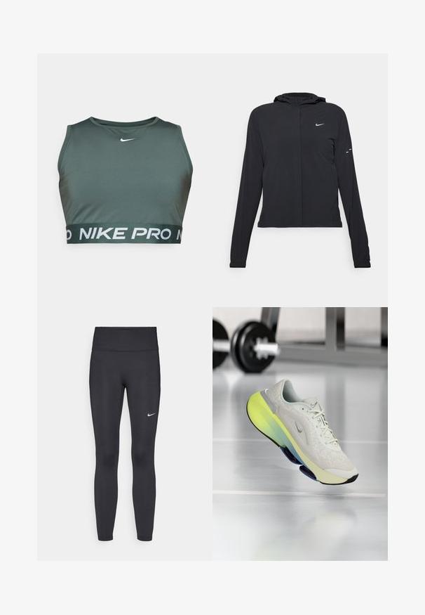 Svart hettegenser med lange ermer, laget av lett materiale. Har glidelås foran, Nike-logo og subtile design detaljer.; Grønn sports-bh laget av glatt stoff, med rund hals og et bredt elastisk bånd med "NIKE PRO" i hvite bokstaver.; Sorte leggings laget av elastisk stoff, med høy livlinje og en hvit Nike-logo på venstre lår. Glatt tekstur, kroppsnær passform.; Lys grå sportsko med en teksturert overdel, med en gradient såle i gul og blå, og en hvit mellomsåle.
