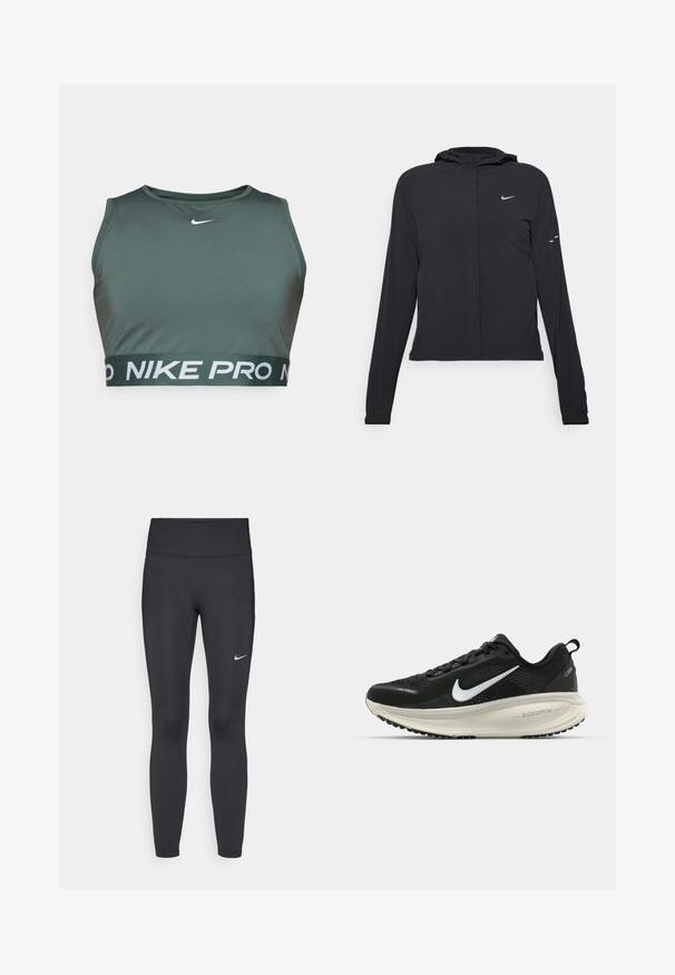 Black hooded jacket with long sleeves, made from lightweight material. Features a front zipper, a Nike logo, and subtle design accents.; Green sports bra made of smooth fabric, featuring a round neckline and a wide elastic band with "NIKE PRO" in white lettering.; Black leggings made of stretchy fabric, featuring a high waistband and a white Nike logo on the left thigh. Smooth texture, form-fitting design.; Black Nike running shoe with breathable mesh upper, white swoosh logo, textured detailing, and a cream-colored ZoomX midsole.