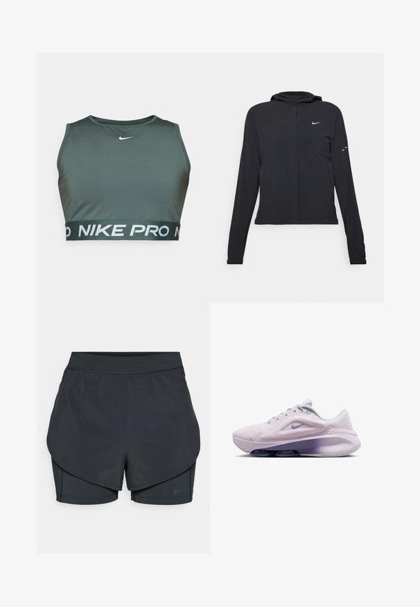 Casaco preto com capuz e mangas longas, feito de material leve. Apresenta um fecho dourado na frente, um logótipo da Nike e detalhes de design subtis.; Sutiã desportivo verde feito de tecido suave, com decote redondo e uma faixa elástica larga com "NIKE PRO" em letras brancas.; Calções desportivos pretos com um design em camadas, apresentando uma camada exterior suave e calções interiores ajustados. Feitos de um tecido leve e elástico.; Shoe desportivo lilás claro com parte superior texturizada, biqueira redonda e amortecimento na entressola. Apresenta um swoosh roxo da Nike e detalhes em malha.