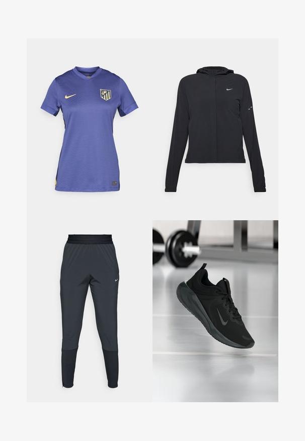 Casaco preto com capuz e mangas longas, feito de material leve. Apresenta um fecho dourado na frente, um logótipo da Nike e detalhes de design subtis.; Camisola de futebol roxa com decote em V, mangas curtas, apresentando um logo da Nike amarelo e um emblema da equipa com várias riscas no peito.; Calças de treino Nike em cinza escuro, com um design de perna afunilada, cintura elástica e detalhes de destaque próximo aos punhos.; Sapatilha desportiva preta com o logotipo da Nike, mostrada em pleno ar sobre o chão do ginásio, com um suporte de halteres desfocado ao fundo.