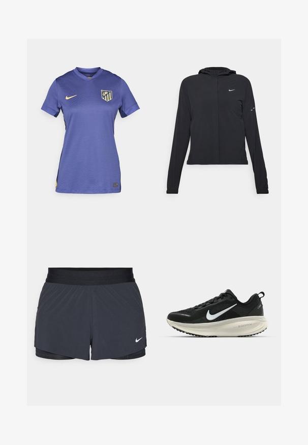 Svart hettegenser med lange ermer, laget av lett materiale. Har glidelås foran, Nike-logo og subtile design detaljer.; Lilla fotballtrøye med V-hals, korte ermer, med en gul Nike-logo og et flerfarget stripete lagmerke på brystet.; Sorte treningshorts med elastisk midjebånd, med lagdelt design og liten hvit Nike-logo på nederste venstre side. Lett materiale.; Svart Nike løpesko med pustende mesh-overdel, hvit swoosh-logo, teksturert detaljer og en kremfarget ZoomX mellomsåle.