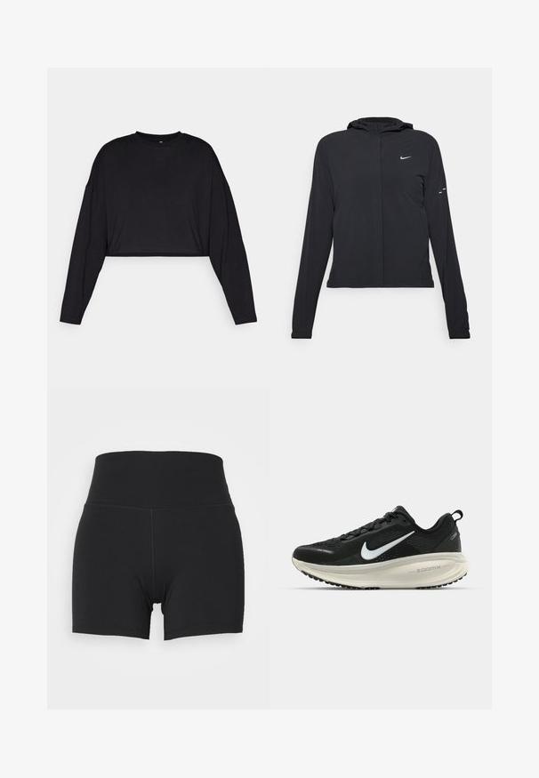 Fekete kapucnis dzseki hosszú ujjakkal, könnyű anyagból készült. Elülső cipzárral, Nike logóval és diszkrét dizájn elemekkel rendelkezik.; Fekete pamut felső hosszú ujjakkal, kerek nyakkal és puha textúrával. Minimális dizájn jellemzi, látható minták vagy díszítések nélkül.; Fekete sportos rövidnadrág magas elasztikus derékkal, sima, rugalmas anyagból készült. Fazonos kialakítással és minimális varrási részletekkel rendelkezik.; Fekete Nike futócipő légáteresztő hálós felsőrésszel, fehér Swoosh logóval, textúrázott részletekkel és krém színű ZoomX középtalppal.