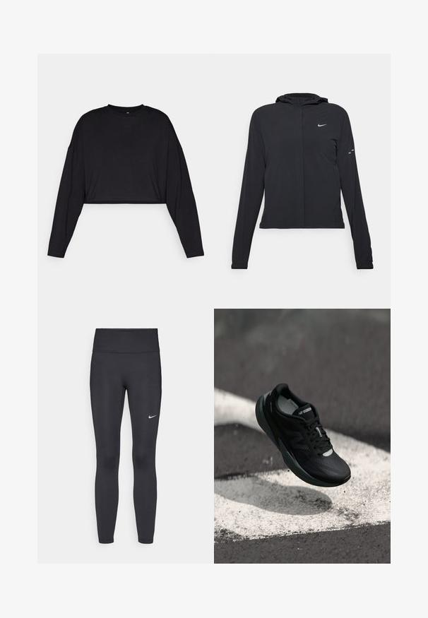 Črna kapuča s dolgimi rokavi, izdelana iz lahkega materiala. Ima sprednji zadrgo, logotip Nike in subtilne oblikovne detajle.; Črn bombažni crop top z dolgimi rokavi, okroglim ovratnikom in mehko teksturo. Ima minimalističen dizajn brez vidnih vzorcev ali poudarkov.; Črne legice iz elastične tkanine, z visokim pasom in belim Nike logo na levem stegnu. Gladka tekstura, oblikovno prilegajoč dizajn.; Črne tekaške čevlje z teksturirano zgornjim delom, eleganten dizajn in odsevne detajle. Imajo mehak, oblazinjen podplat za udobje.