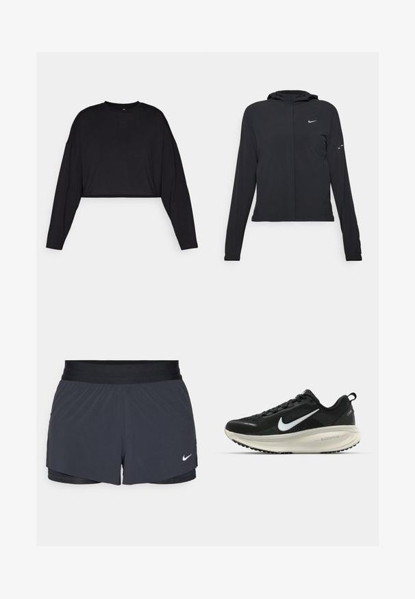 Zwarte kaptrui met lange mouwen, gemaakt van lichtgewicht materiaal. Voorzien van een ritssluiting aan de voorkant, een Nike-logo en subtiele ontwerpelementen.; Zwarte katoenen crop top met lange mouwen, ronde hals en zachte textuur. Beschikt over een minimalistisch ontwerp zonder zichtbare patronen of accenten.; Zwarte sportshorts met een elastische tailleband, met een gelaagd ontwerp en een klein wit Nike-logo aan de onderkant links. Lichtgewicht materiaal.; Zwarte Nike hardloopschoen met ademend mesh bovenwerk, witte swoosh-logo, gestructureerde details en een crèmekleurige ZoomX middenzool.