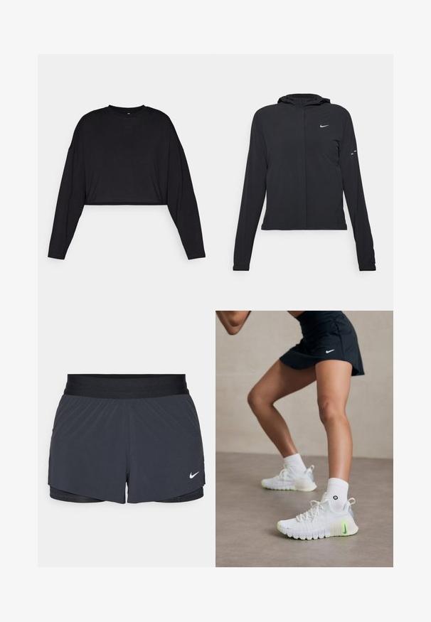 Zwarte kaptrui met lange mouwen, gemaakt van lichtgewicht materiaal. Voorzien van een ritssluiting aan de voorkant, een Nike-logo en subtiele ontwerpelementen.; Zwarte katoenen crop top met lange mouwen, ronde hals en zachte textuur. Beschikt over een minimalistisch ontwerp zonder zichtbare patronen of accenten.; Zwarte sportshorts met een elastische tailleband, met een gelaagd ontwerp en een klein wit Nike-logo aan de onderkant links. Lichtgewicht materiaal.; Witte sportieve schoenen met een gestructureerd oppervlak, neon-groene accenten en een prominent Nike-logo. Draag met witte enkelkousen.