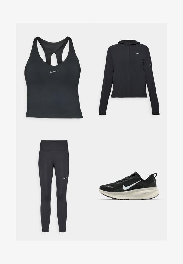 Jachetă neagră cu glugă, cu mâneci lungi, fabricată din material ușor. Dispune de un fermoar frontal, un logo Nike și accente de design subtile.; Top sport negru cu spate tip racerback, prezentând un panou din plasă și un mic logo argintiu Nike pe față.; Leggings negre dintr-un material elastic, având talie înaltă și un logo alb Nike pe coapsa stângă. Textură netedă, design care se conturează pe corp.; Pantofii de alergare negri de la Nike, cu parte superioară din plasă respirabilă, logo-ul alb Swoosh, detalii texturate și o talpă intermediară ZoomX de culoare crem.