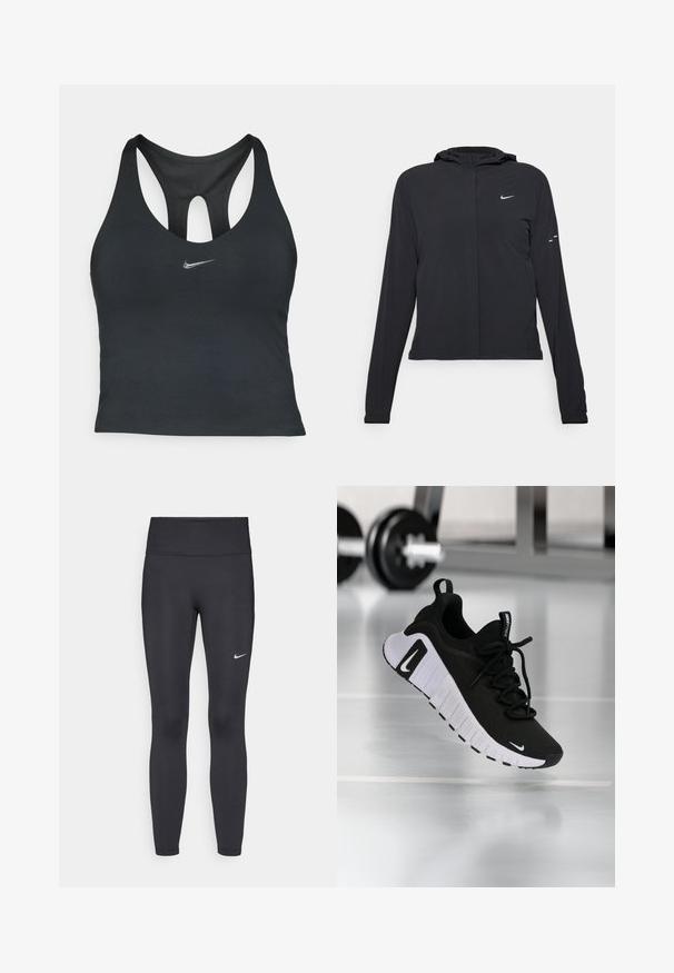 Juodas gobtuvas striukė su ilgomis rankovėmis, pagaminta iš lengvo audinio. Pasižymi priekiniais užtrauktukais, Nike logotipu ir subtiliais dizaino akcentais.; Juodas sportinis marškinėlis su lenkta nugaros dalimi, turintis tinklinį skyrių ir mažą sidabrinę Nike logotipą priekyje.; Juodi leggingai iš elastingos medžiagos, turintys aukštą juosmenį ir baltą Nike logotipą kairėje šlaunyje. Lygus paviršius, prigludusi dizainas.; Juoda sportinė avalynė su tekstūruotu audinio viršumi, balta padu ir ryškiu raištelių sistemu. Puošta Nike logotipu ir minkštu, paminkštintu dizainu.