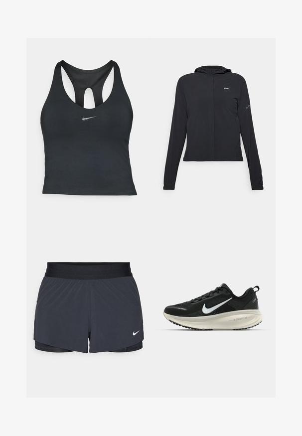 Fekete kapucnis dzseki hosszú ujjakkal, könnyű anyagból készült. Elülső cipzárral, Nike logóval és diszkrét dizájn elemekkel rendelkezik.; Fekete sport tank top racing hátsó dizájnnal, hálós panelekkel és egy kis ezüst Nike logóval az elején.; Fekete sportnadrág elasztikus derékkal, réteges kialakítással és kis fehér Nike logóval a bal alsó részen. Könnyű anyag.; Fekete Nike futócipő légáteresztő hálós felsőrésszel, fehér Swoosh logóval, textúrázott részletekkel és krém színű ZoomX középtalppal.