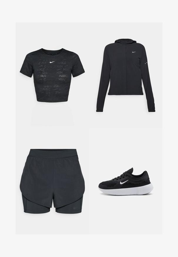 Črna kapuča s dolgimi rokavi, izdelana iz lahkega materiala. Ima sprednji zadrgo, logotip Nike in subtilne oblikovne detajle.; Črna kratka majica s kratkimi rokavi iz lahkotnega materiala, ki vsebuje teksturiran vzorec besede "NIKE" in majhen bel Nike swoosh logotip.; Črne atletske kratke hlače z večplastnim dizajnom, ki vključuje gladko zunanjo plast in prilegnjene notranje kratke hlače. Narejene so iz lahkega, elastičnega materiala.; Črne atletične čevlje z mrežastim zgornjim delom, teksturirano zasnovo, okroglo nos, belo gumijasto podplat in Nike logotip na strani.