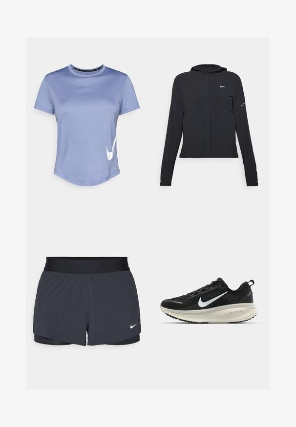 Schwarze Kapuzenjacke mit langen Ärmeln, aus leichtem Material gefertigt. Sie hat einen vorderen Reißverschluss, ein Nike-Logo und dezente Designelemente.; Hellblaues Sport-T-Shirt mit Rundhalsausschnitt, kurzen Ärmeln und abgerundetem Saum. Besitzt ein weißes Nike-Logo an der Seite. Weicher Stoff.; Schwarze Sportshorts mit elastischem Bund, ausgestattet mit einem geschichteten Design und einem kleinen weißen Nike-Logo unten links. Leichtes Material.; Schwarzer Nike-Laufschuh mit atmungsaktivem Mesh-Obermaterial, weißem Swoosh-Logo, strukturierten Details und einer cremefarbenen ZoomX-Zwischensohle.
