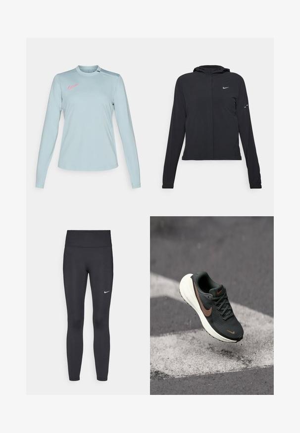 Zwarte kaptrui met lange mouwen, gemaakt van lichtgewicht materiaal. Voorzien van een ritssluiting aan de voorkant, een Nike-logo en subtiele ontwerpelementen.; Lichtblauw Nike shirt met lange mouwen en ronde hals, met een roze logo op de linkerschouder en een gladde, gestructureerde stof.; Zwarte legging van rekbare stof met een hoge tailleband en een wit Nike-logo op de linkerdij. Gladde textuur, aansluitend ontwerp.; Zwarte mesh hardloopschoen met een gestructureerde bovenkant, een bruine Nike swoosh en een witte gevoerde zool, zwevend boven een grijze ondergrond.
