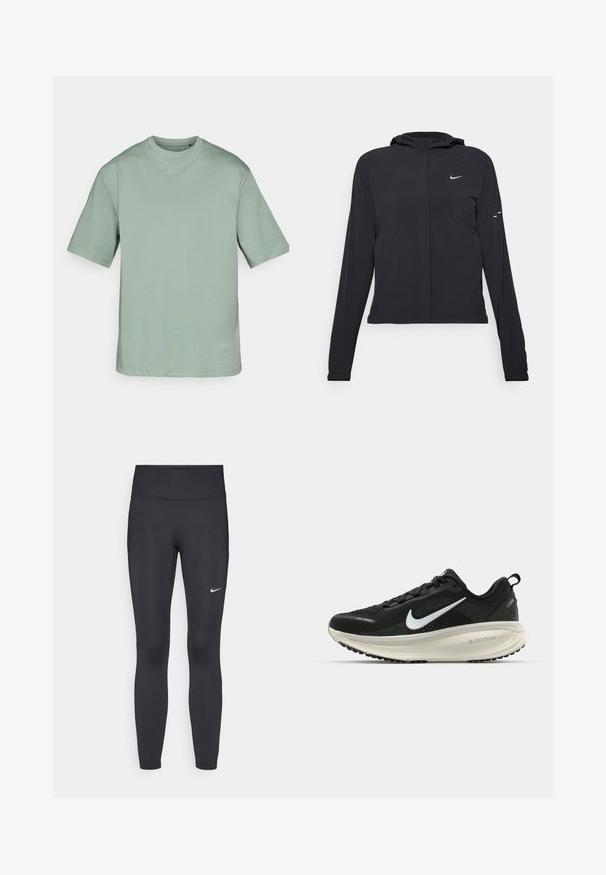 Svart hettegenser med lange ermer, laget av lett materiale. Har glidelås foran, Nike-logo og subtile design detaljer.; Lys grønn t-skjorte med korte ermer, laget av myk stoff, med rund hals og en subtil logo trykket på forsiden. Enkel, boksformet fasong.; Sorte leggings laget av elastisk stoff, med høy livlinje og en hvit Nike-logo på venstre lår. Glatt tekstur, kroppsnær passform.; Svart Nike løpesko med pustende mesh-overdel, hvit swoosh-logo, teksturert detaljer og en kremfarget ZoomX mellomsåle.