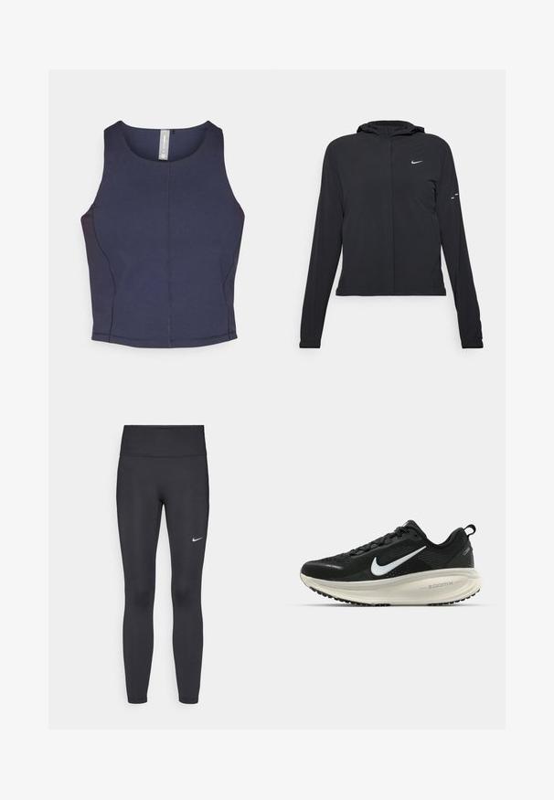 Svart hettegenser med lange ermer, laget av lett materiale. Har glidelås foran, Nike-logo og subtile design detaljer.; Mørkeblå ermeløs crop top med rund hals, glatt tekstur og synlige sømdetaljer på sidene.; Sorte leggings laget av elastisk stoff, med høy livlinje og en hvit Nike-logo på venstre lår. Glatt tekstur, kroppsnær passform.; Svart Nike løpesko med pustende mesh-overdel, hvit swoosh-logo, teksturert detaljer og en kremfarget ZoomX mellomsåle.
