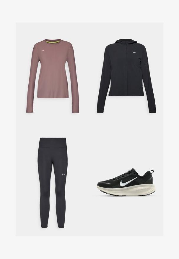 Svart huva jacka med långa ärmar, gjord av lätt material. Har en framdragare, en Nike-logotyp och subtila designelement.; HOKA AIROLITE RUN LONG SLEEVE - Långärmad tröja - smokey quartz; Svarta leggings i elastiskt material, med hög midja och en vit Nike-logga på vänster lår. Slät textur, figurnära design.; Svart Nike löparsko med andningsbart mesh-ovandel, vit swoosh-logotyp, texturerad detaljering och en krämfärgad ZoomX-mellansula.