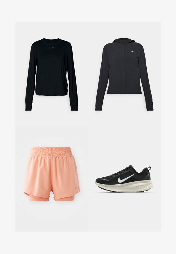 Sort hættetrøje med lange ærmer, lavet af letvægtsmateriale. Har en frontlynlås, et Nike-logo og subtile designaccenter.; Sort langærmet Nike T-shirt med rund halsudskæring, blødt stof, normal pasform og lille reflekterende logo på brystet.; Ferskenfarvede træningsshorts med elastisk talje, lagdelt design og grå logoaccents. Lavet af glat, letvægtsmateriale.; Sort Nike løbesko med åndbart mesh-overdel, hvidt swoosh-logo, tekstureret detaljering og en cremede ZoomX mellemsål.