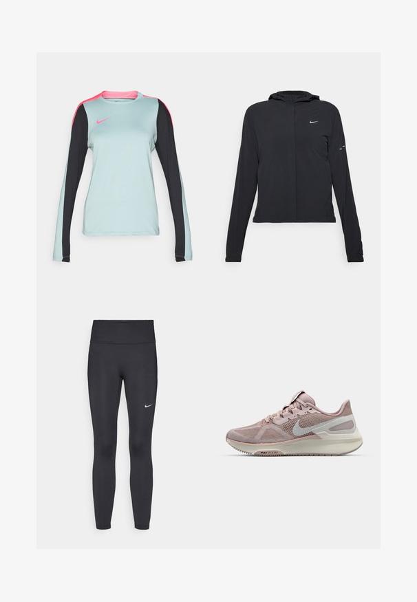 Melnā kapuci jaka ar garām piedurknēm, izgatavota no viegla materiāla. Tam ir priekšējais rāvējslēdzis, Nike logo un smalki dizaina akcenti.; Gaišzils sporta krekls ar garām piedurknēm, melnām piedurknēm un rozā plecu akcentiem. Gluda tekstūra, ar apaļu kakla izgriezumu un Nike logo.; Melnas legingi, izgatavoti no elastīga auduma, ar augstu jostu un baltu Nike logotipu kreisajā augšstilbā. Gluda tekstūra, piegulošs dizains.; Nike skriešanas apavi ar acu materiāla augšdaļu gaiši rozā un pelēkā krāsā, ar mīkstinātu zoli un noapaļotas pirkstu daļas dizainu. Ar akcentētu swoosh logo.