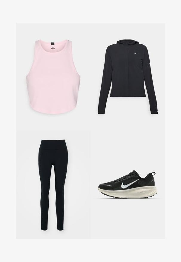 Must musta kapuutsiga jakk, millel on pikad varrukad ja mis on valmistatud kergetest materjalidest. Omab esitaskut, Nike logo ja kergelt silmatorkavaid disainiaktsente.; Heled pink neist crop top ribitud kangast. Omab ümmargust kaelust ja varrukateta disaini, sirge hemmi ja ilma kaunistusteta.; Mustad mustad, mis on valmistatud venivast materjalist ja millel on kõrge vöökoht. Sile tekstuur, keha lähedane disain ja ei ole nähtavaid kaunistusi ega mustreid.; Musthave mustus Nike jooksujalats, millel on hingav võrgust ülemine osa, valge swoosh logo, tekstuuriga detailid ja kreemja värvusega ZoomX vahevöö.