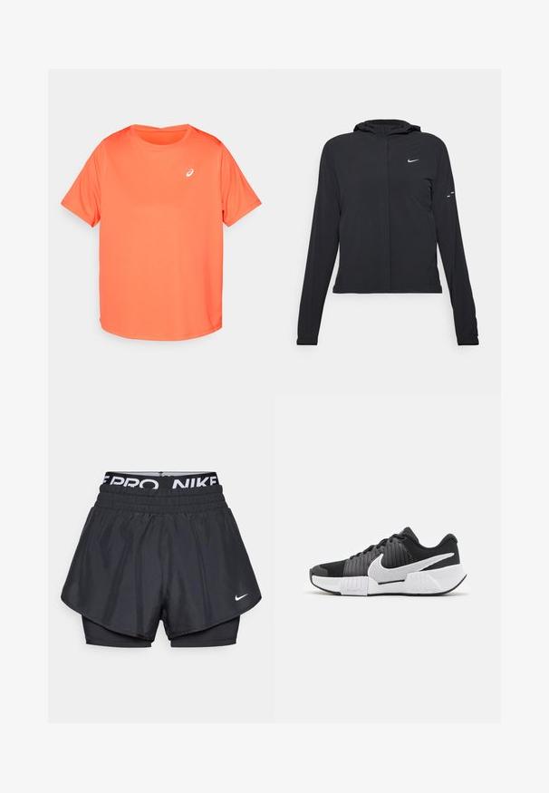 Must musta kapuutsiga jakk, millel on pikad varrukad ja mis on valmistatud kergetest materjalidest. Omab esitaskut, Nike logo ja kergelt silmatorkavaid disainiaktsente.; Lühikeste varrukatega spordisärk ereoranžist, valmistatud siledast ja kergest kangast. Ees on väike valge logo.; Mustad musta värvi sportlikud lühikesed püksid kihtide disainiga, millel on hingav välimine kiht, elastne vöökoht brändingu ja väikese logoga ees.; Mustvalged mustvalged spordijalatsid struktuurse pealsega, silmapaistev Nike’i logo ja kontrastne talladisain paremaks haardeks ja stabiilsuseks.