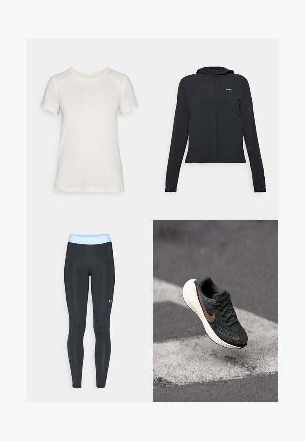 Zwarte kaptrui met lange mouwen, gemaakt van lichtgewicht materiaal. Voorzien van een ritssluiting aan de voorkant, een Nike-logo en subtiele ontwerpelementen.; Witte t-shirt met korte mouwen van zacht materiaal, voorzien van een ronde hals en een ontspannen pasvorm met gladde, naadloze schouderaccenten.; Zwarte sportlegging met een lichtblauwe tailleband met de tekst "NIKE PRO"; zachte textuur en aansluitend ontwerp. Witte Nike-logo aan de linkerkant.; Zwarte mesh hardloopschoen met een gestructureerde bovenkant, een bruine Nike swoosh en een witte gevoerde zool, zwevend boven een grijze ondergrond.