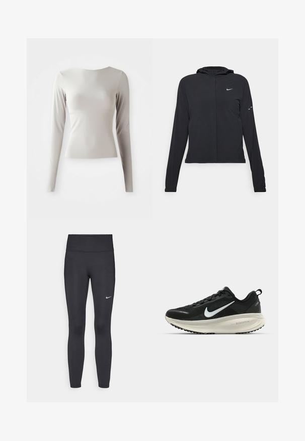Zwarte kaptrui met lange mouwen, gemaakt van lichtgewicht materiaal. Voorzien van een ritssluiting aan de voorkant, een Nike-logo en subtiele ontwerpelementen.; Lichtgrijs langwerpig shirt met lange mouwen, gemaakt van een gladde, soepele stof met een ronde halslijn en een aansluitende snit. De zoom is aan de onderkant iets uitlopend.; Zwarte legging van rekbare stof met een hoge tailleband en een wit Nike-logo op de linkerdij. Gladde textuur, aansluitend ontwerp.; Zwarte Nike hardloopschoen met ademend mesh bovenwerk, witte swoosh-logo, gestructureerde details en een crèmekleurige ZoomX middenzool.