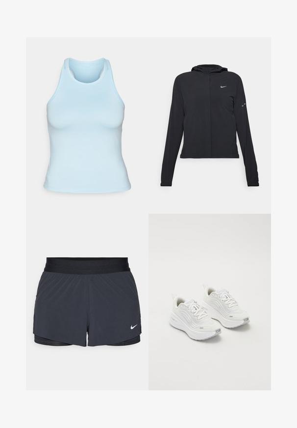 Svart hettegenser med lange ermer, laget av lett materiale. Har glidelås foran, Nike-logo og subtile design detaljer.; Lys blå ermeløs tank topp laget av stretchy stoff, med rund hals og racerback-design, med en glatt, tettsittende silhuett.; Sorte treningshorts med elastisk midjebånd, med lagdelt design og liten hvit Nike-logo på nederste venstre side. Lett materiale.; Hvite joggesko med et teksturert mesh-overdel, polstret såle og subtile grå aksenter. Inkluderer merkevare og løkke på hælen for enkel påkledning.