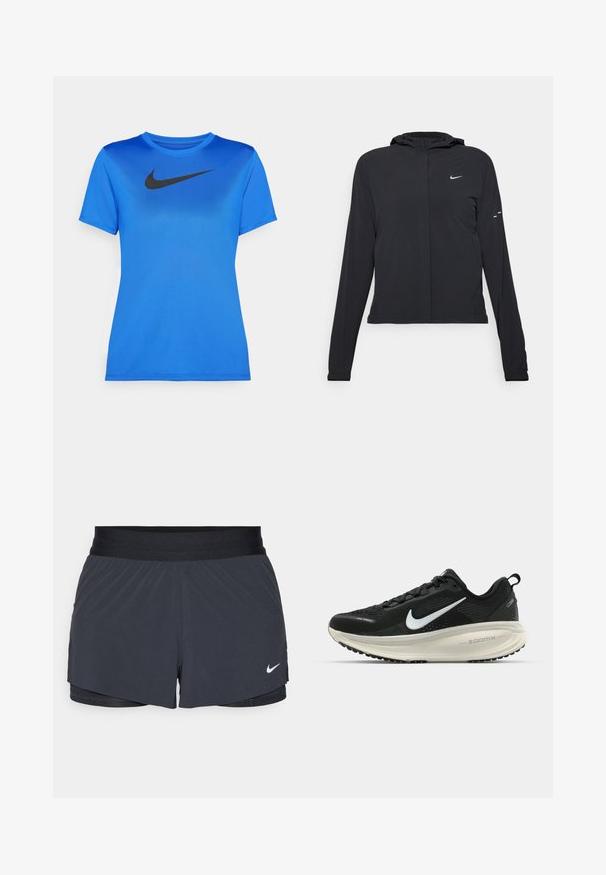 Melnā kapuci jaka ar garām piedurknēm, izgatavota no viegla materiāla. Tam ir priekšējais rāvējslēdzis, Nike logo un smalki dizaina akcenti.; Zils īsās piedurknes T-krekls, kas izgatavots no gludas auduma. Tam ir melns Nike logo uz krūtīm un standarta apaļa apkakle.; Melnas sporta šortus ar elastīgu jostu, ar slāņotu dizainu un mazu balto Nike logo apakšējā kreisajā stūrī. Viegls materiāls.; Melnas Nike skriešanas kurpes ar elpojošu acs augšdaļu, baltu Swoosh logotipu, strukturētu apdari un krēmkrāsas ZoomX starpsole.